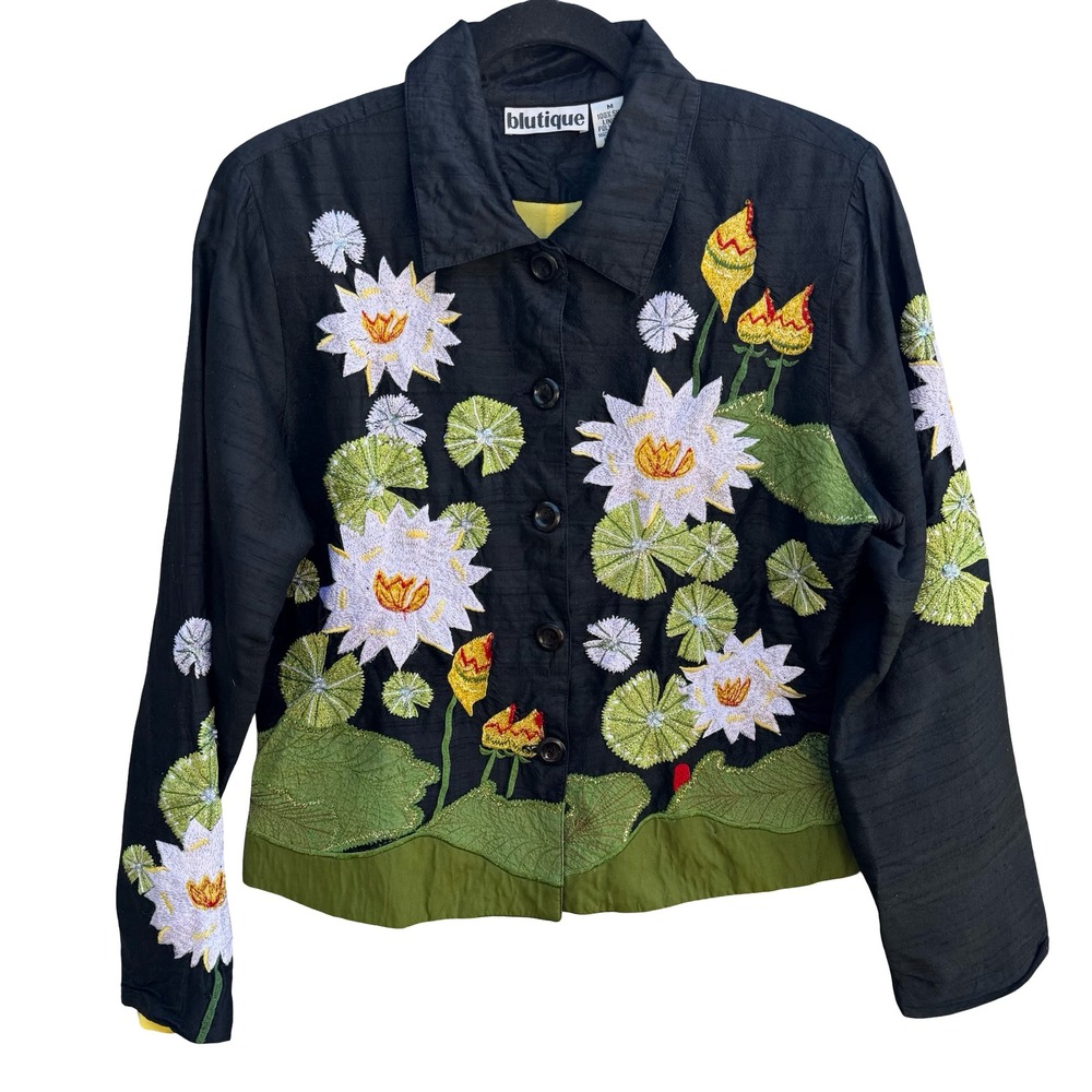 Blutique Silk Embroidered Water Lily Whimsical Jacket Black Floral Art to Wear M